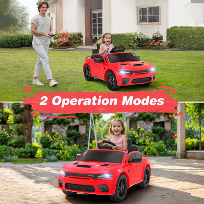 Dodge Electric Ride on Cars for Kids, 12V Licensed Dodge Charger SRT Hellcat Powered Ride on Toys with Parent Remote Control, Electric Car for Girls Boys 3-5 W/Music Player/Led Lights, Red