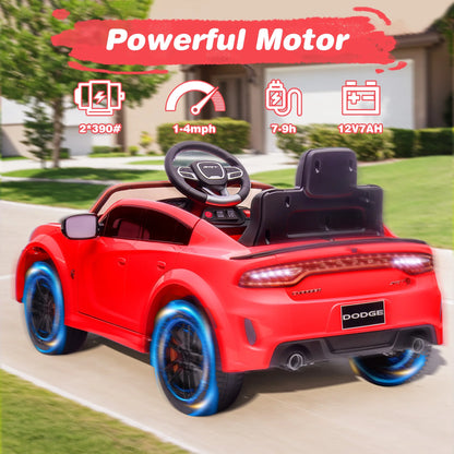 Dodge Electric Ride on Cars for Kids, 12V Licensed Dodge Charger SRT Hellcat Powered Ride on Toys with Parent Remote Control, Electric Car for Girls Boys 3-5 W/Music Player/Led Lights, Red