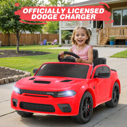 Dodge Electric Ride on Cars for Kids, 12V Licensed Dodge Charger SRT Hellcat Powered Ride on Toys with Parent Remote Control, Electric Car for Girls Boys 3-5 W/Music Player/Led Lights, Red