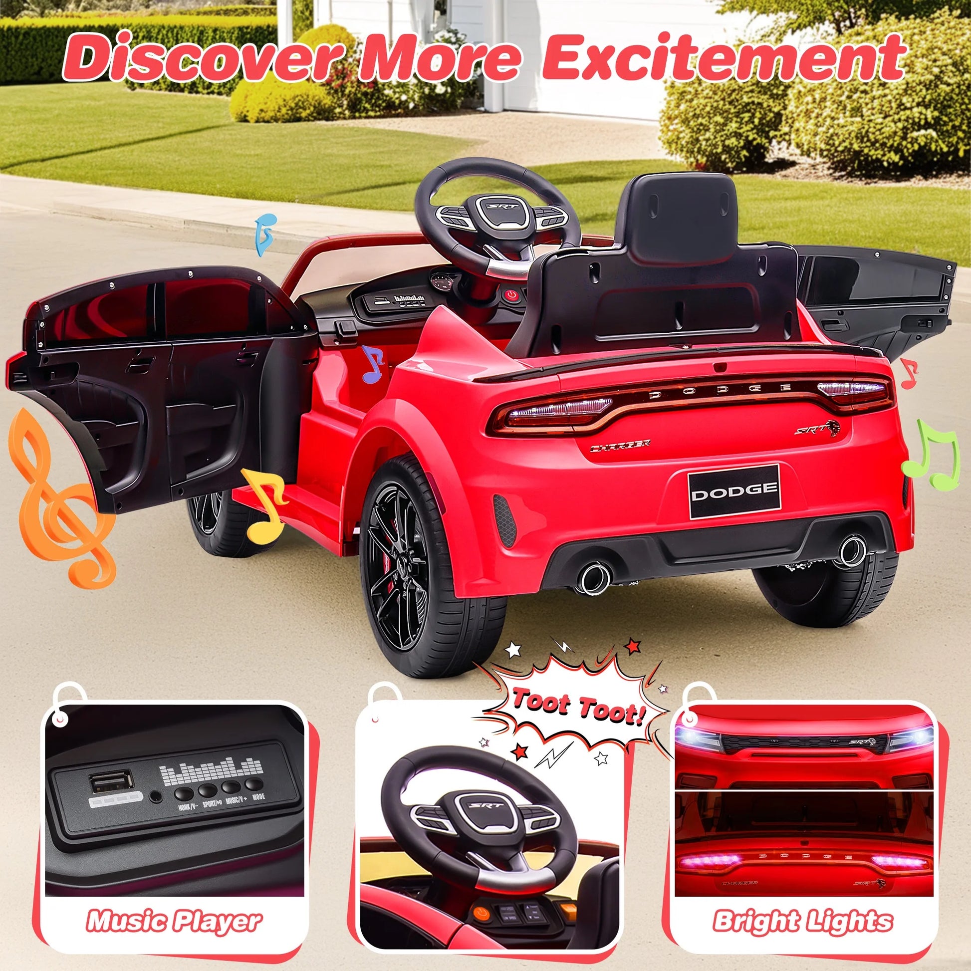 Dodge Electric Ride on Cars for Kids, 12V Licensed Dodge Charger SRT Hellcat Powered Ride on Toys with Parent Remote Control, Electric Car for Girls Boys 3-5 W/Music Player/Led Lights, Red