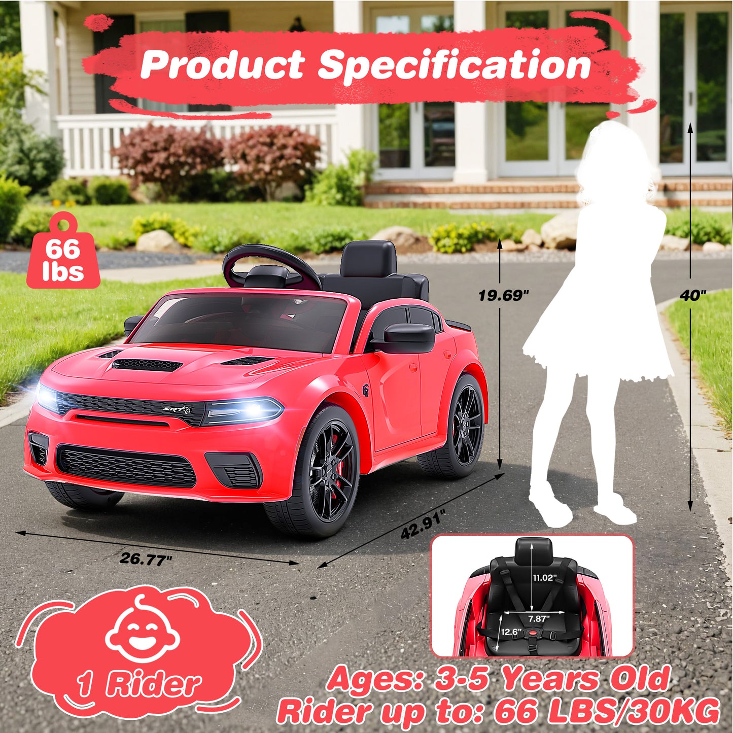 Dodge Electric Ride on Cars for Kids, 12V Licensed Dodge Charger SRT Hellcat Powered Ride on Toys with Parent Remote Control, Electric Car for Girls Boys 3-5 W/Music Player/Led Lights, Red